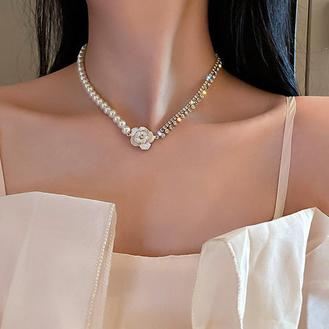 White Flower Crystal Choker Necklaces for Women Pearl -JW01347--Veeddydropshipping