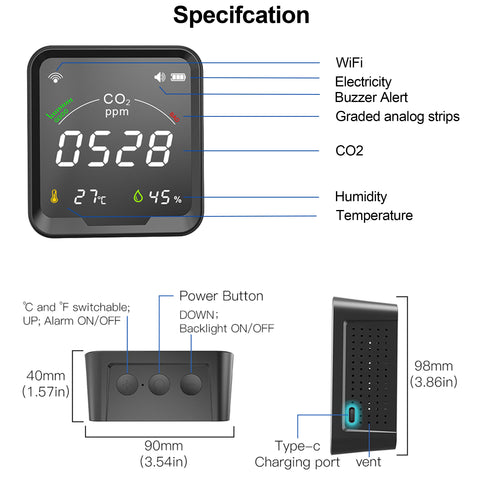Tuya Smart WiFi CO2 Sensor Smart Carbon Dioxide Meter Temperature -CE00611-Veeddydropshipping