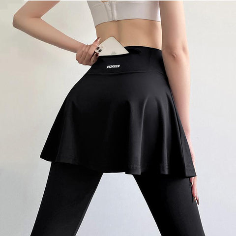 Yoga Leggings Women Gym Tights With Skirt High Waist Zipper Pockets Ruffles Skirt -OS00857-Veeddydropshipping
