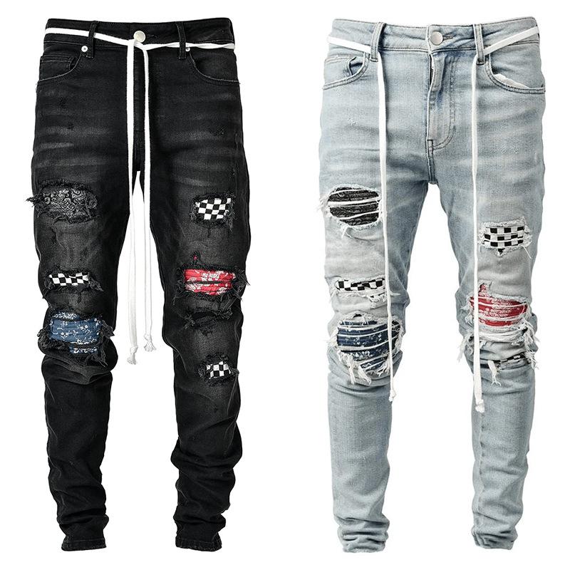 Jeans Fashion Grid Beggar Patches Slim Fit Stretch-MF00631-Veeddydropshipping