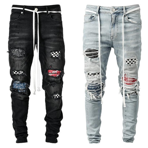 Jeans Fashion Grid Beggar Patches Slim Fit Stretch-MF00631-Veeddydropshipping