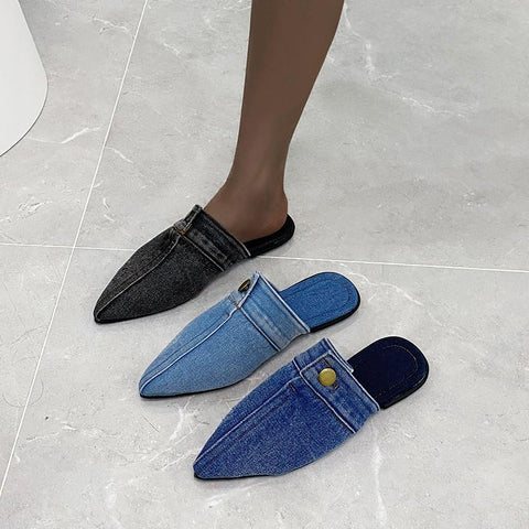 Womens Slippers Denim Round Toe Flat Shoes Female-BS01210-Veeddydropshipping
