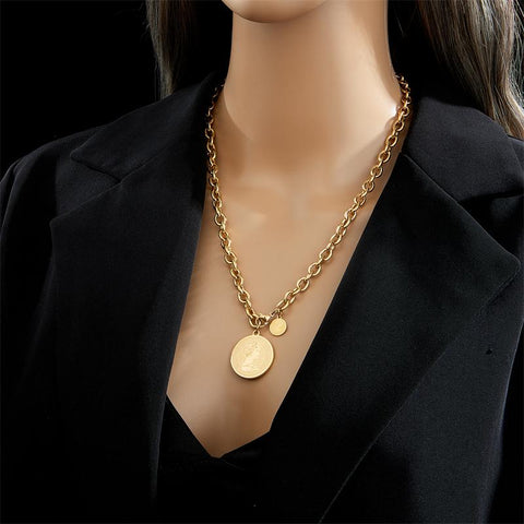 Stainless Steel Gold Color Hip Hop  Portrait Coin Necklace-JW01199-Veeddydropshipping