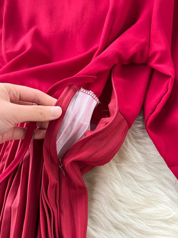 Gradient Pleated Dress for Women V Neck Long Sleeve-Veeddydropshipping