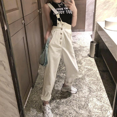 High Waist Denim Suspender Pants Loose Overalls Jumpsuits-WF00422-Veeddydropshipping