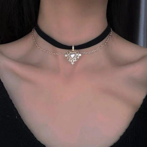 Love Heart Pendant Choker Zircon Pearl Chain Necklace -JW00156-Veeddydropshipping