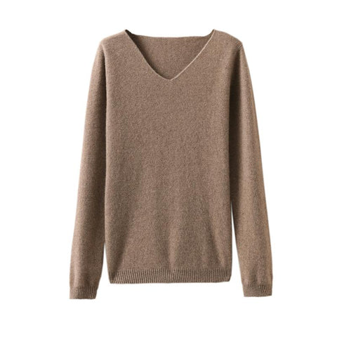 Wool Cashmere Sweater Women V-neck Pullover-WF00064-Veeddydropshipping