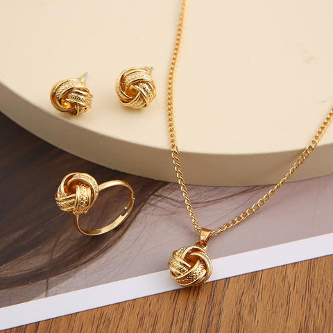 Metal Twist Lucky Knot Earrings Necklace Ring Jewelry Set  -JW00222-Veeddydropshipping