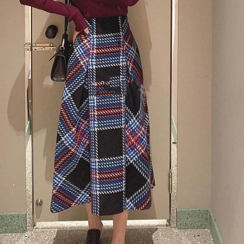 Women High Waist Plaid Long Skirt-WF00505-Veeddydropshipping