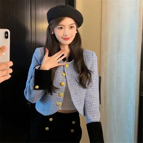 Pink Korean Spliced Crop Tweed Jacket Women-Veeddydropshipping