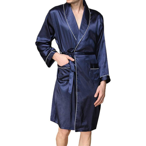 with Belt Adults Contrast Color Long Sleeve V-neck Night Robe with-MF01663-Veeddydropshipping