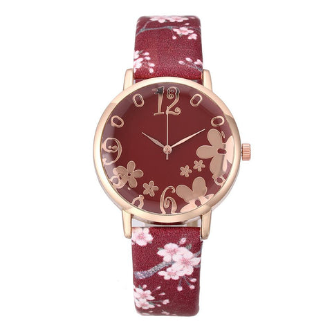 New Fashion Flowers Printed Belt Dial Watch Female Student Quartz Watch