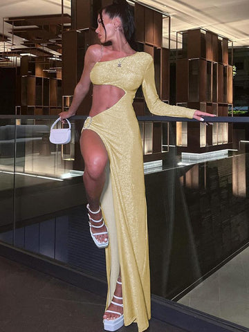One Shoulder Sexy Dress Women Backless Hollow Out Long Dress-Veeddydropshipping