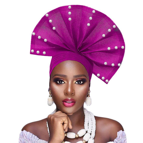 African Headtie With Beads Cap-WF01500-Veeddydropshipping