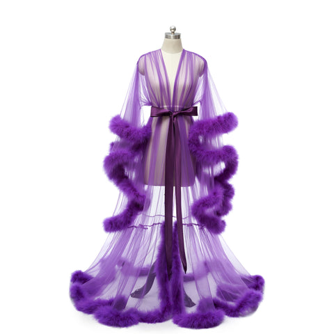 Long Sleeve Feather Tulle Party Evening Dresses-WF01595-Veeddydropshipping
