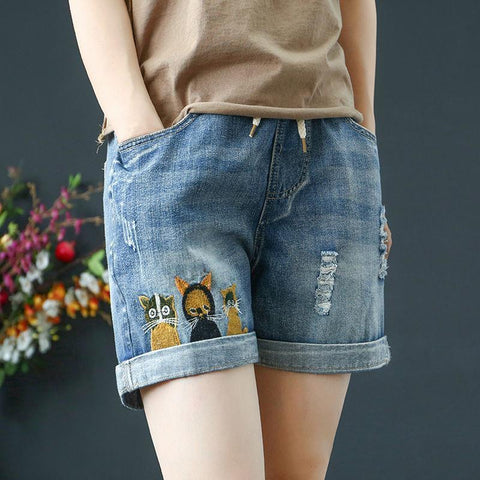Elastic Waist Denim Shorts Women pants-WF00524-Veeddydropshipping