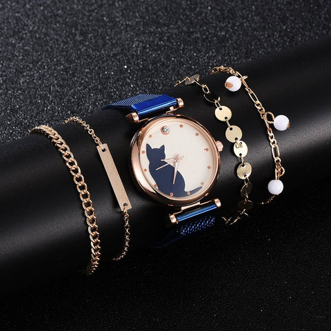 Fashion Watch Set 5pcs Quartz Wristwatch Mesh Bracelet Cat-JW00930-Veeddydropshipping