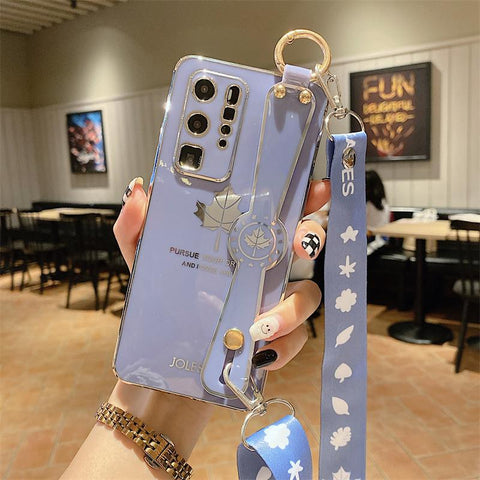 Luxury Plating Maple Wrist Strap Phone Holder Case for Samsung S21 FE-PA00225-Veeddydropshipping