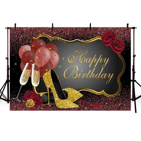 Sweet Pink Rose Birthday Backdrop Shiny Glitter High Heels Champagne Adults Women -CE00293-Veeddydropshipping