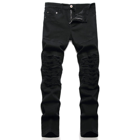 Biker Jeans Pants Slim Fit Pleated Motocycle Denim Trousers-MF00626-Veeddydropshipping