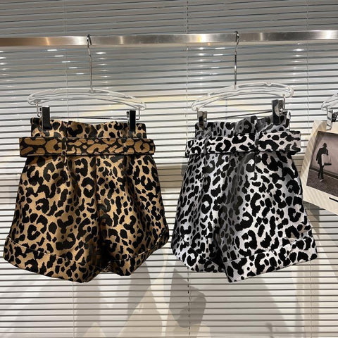 High Waist Metal Belt Leopard Shorts Women-WF00515-Veeddydropshipping