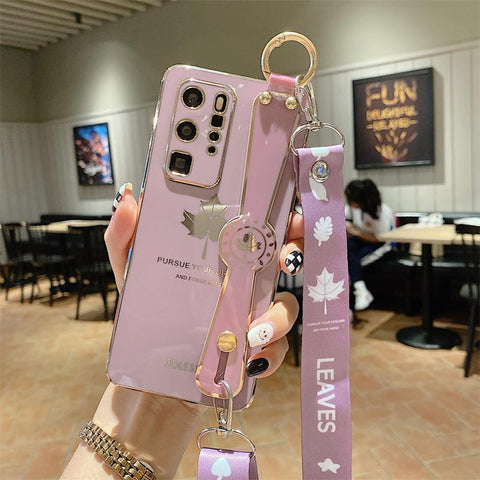 Luxury Plating Maple Wrist Strap Phone Holder Case for Samsung S21 FE-PA00225-Veeddydropshipping