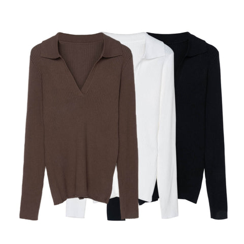 Cotton Knit Polo Sweater Women Long Sleeve V Neck-WF00100-Veeddydropshipping
