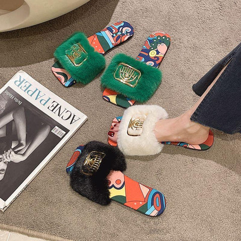 Slides Fluffy Slippers Ladies Shoes Woman Home-BS01190-Veeddydropshipping