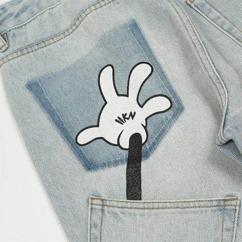Funny Cartoon Palm Print Jeans Distressed Washed-MF00579-Veeddydropshipping