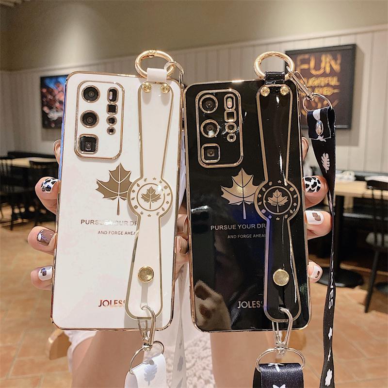 Luxury Plating Maple Wrist Strap Phone Holder Case for Samsung S21 FE-PA00225-Veeddydropshipping