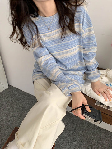 Women Striped Long Sleeve T-Shirt Korean Style Oversized-WF00248-Veeddydropshipping