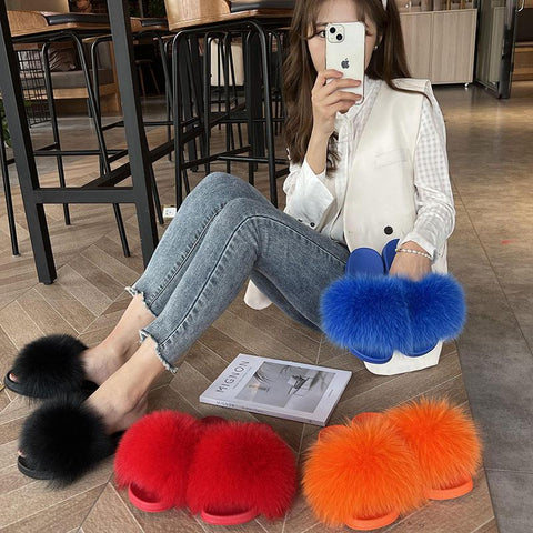 Summer Open Toe Fluffy Real Fur Color Sandals Casual-BS01204-Veeddydropshipping