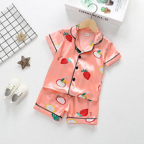 Summer Children Cartoon Short Sleeve+Shorts 2pc Satin Silk Pajamas Sets-TB01052-Veeddydropshipping