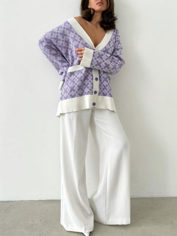 Oversize Cardigan Woman Plaid Loose Long Sleeves Sweaters-Veeddydropshipping