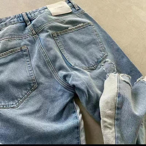 Distressed Splice Edged Denim Pants Casual Loose-MF00522-Veeddydropshipping