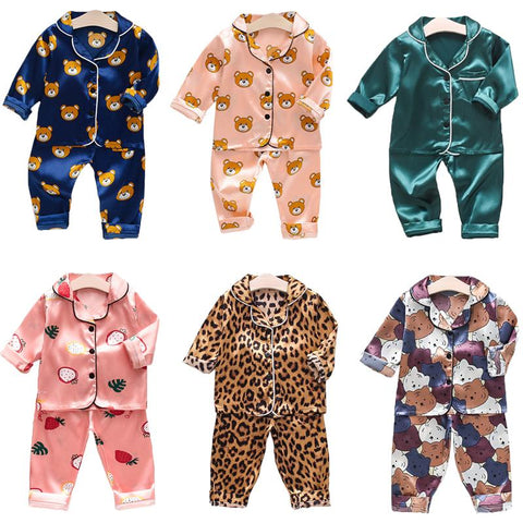 Toddler Girls Silk Satin Pajamas Sets Cartoon Kids Boys Pyjamas Baby-TB01081-Veeddydropshipping