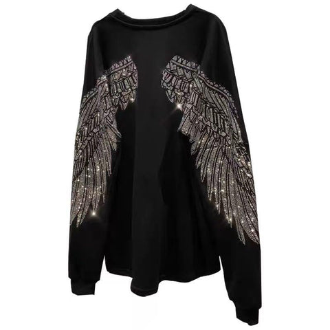 Black Hoodie Women Rhinestone Loose Crew Neck-Veeddydropshipping