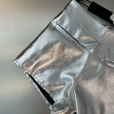 New Arrivals Silver Slim Pu Shorts Women-WF00535-Veeddydropshipping