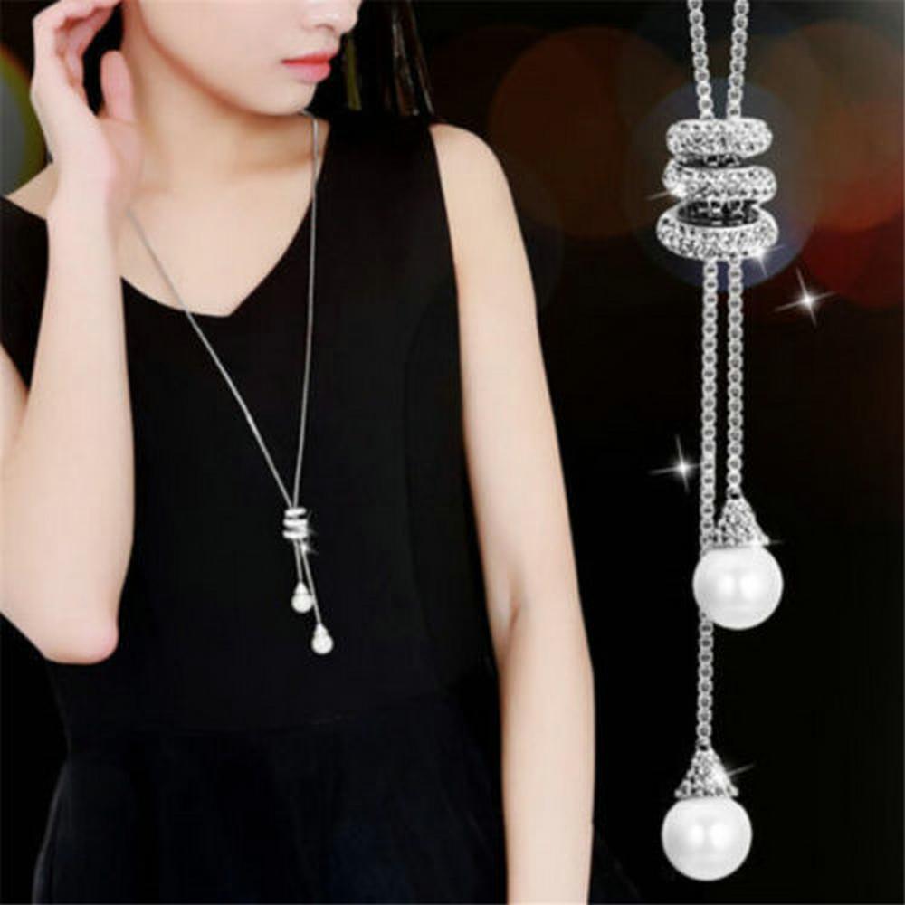 Fashion Metal Crystal Pearl Long Chain Sweater Necklace Jewelry-JW01292-Veeddydropshipping