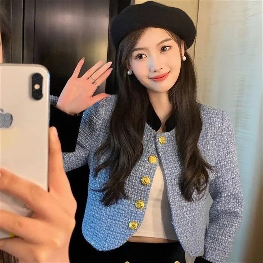 Pink Korean Spliced Crop Tweed Jacket Women-Veeddydropshipping
