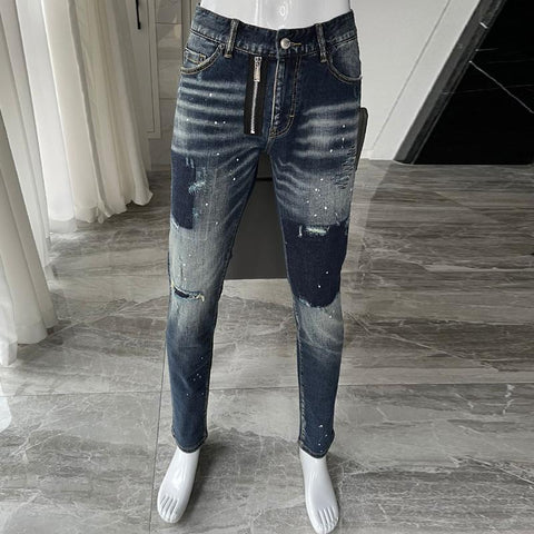 Jeans Retro Blue Zipper Designer Elastic Slim-MF00615-Veeddydropshipping