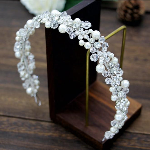 Flower Diamante Crystal Pearl Headband Rhinestone Wedding  -JW00538-Veeddydropshipping