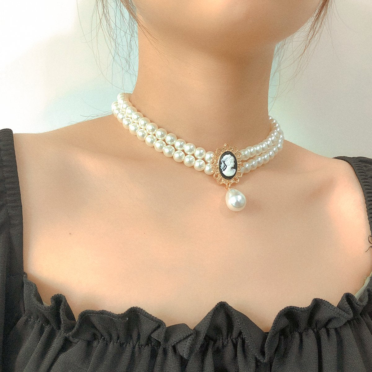 Layered Short Pearl Choker Necklace White Beads Necklace  -JW00173-Veeddydropshipping