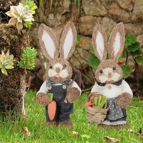 Straw Standing Rabbits Hand Woven Pastoral-HA00310-Veeddydropshipping