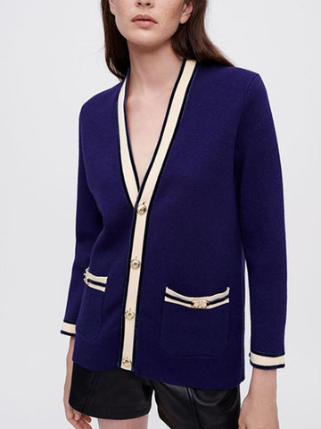 Women Contrast Trim Metal Button Knitted Cardigan-Veeddydropshipping