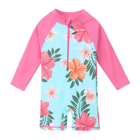 UPF50+ Print Baby Girl Swimsuit Long Sleeve Kids Swimwear One Piece Toddler -OS00267-Veeddydropshipping