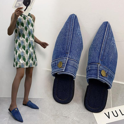 Womens Slippers Denim Round Toe Flat Shoes Female-BS01210-Veeddydropshipping