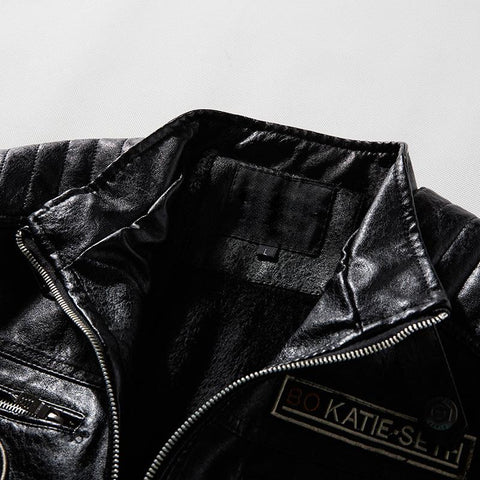 Fleece Motorcycle PU Leahter Jacket Male  Stand Collar Casual-MF01356-Veeddydropshipping
