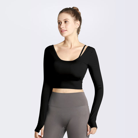Women Yoga Shirt Gym Long Sleeve Tight Crop Tops Shoulder Strap Workout -OS00922-Veeddydropshipping