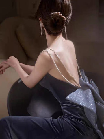 Velvet Prom Evening Dress Mermaid Strap Sleeveless-Veeddydropshipping